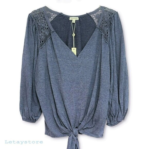 NWT Max Studio Lace Trim V Neck Front Tie Front Blouse Top - Picture 5 of 6